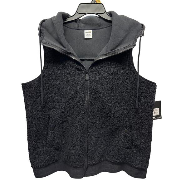 AVIA Women’s Black Full Zip Faux Shearling Hooded Vest Front Pockets K606 - Picture 1 of 15